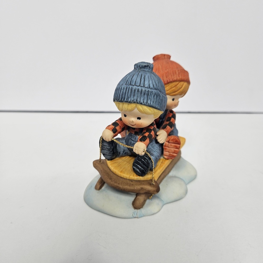 Enesco 1980 Kids Sledding Snow Trinket Winter‎ Christmas Children Play 4"X4"X3"